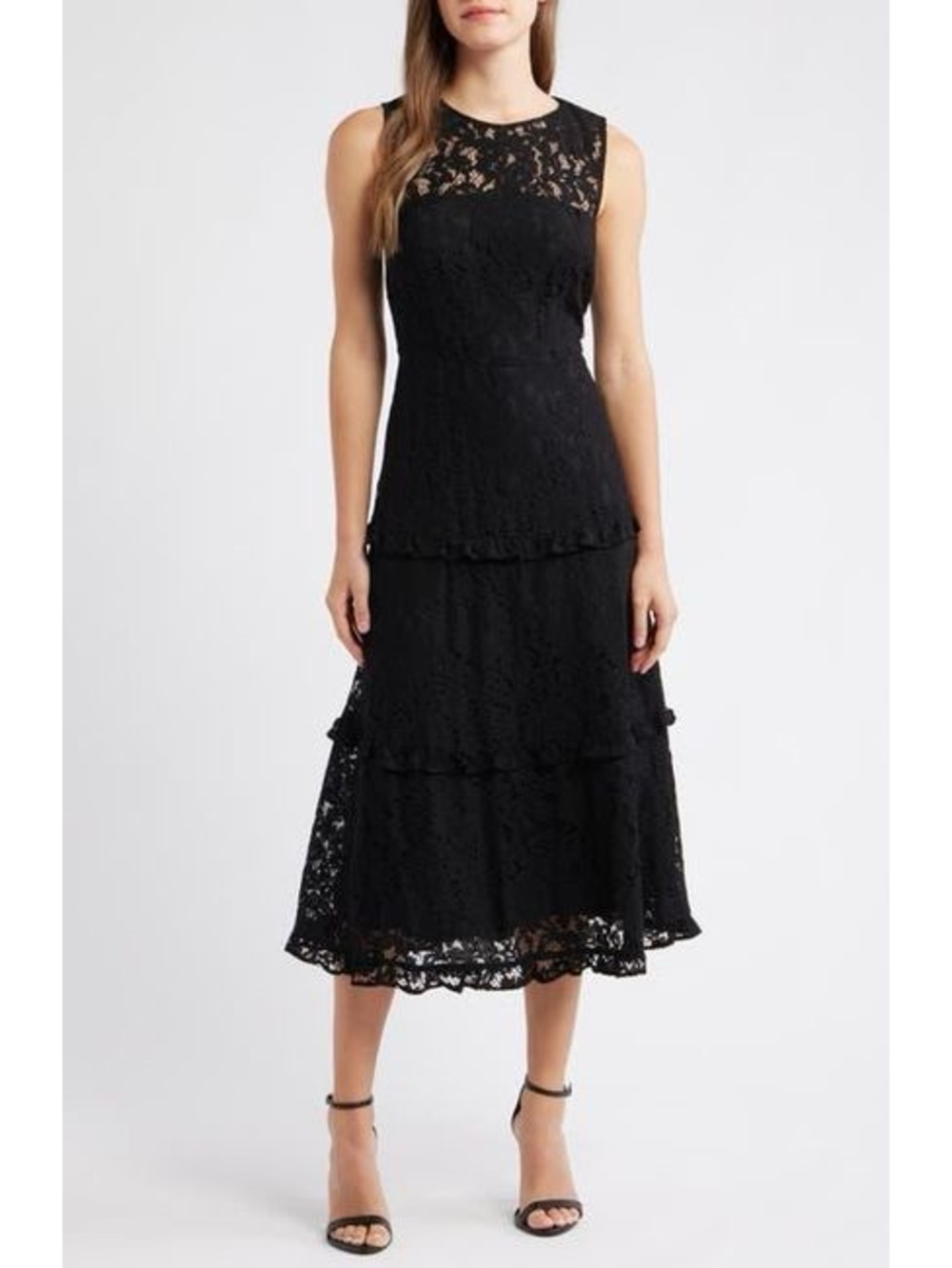 Black Size 6 Lace Sleeveless Tiered Ruffle Midi Dress